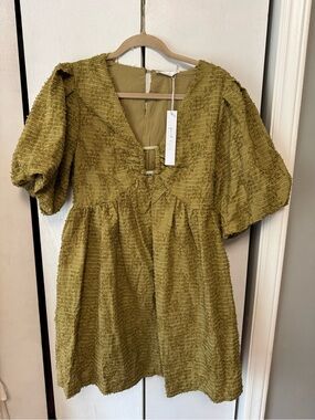 Textured Olive Mini Dress with V-Neck and Puff Sleeves